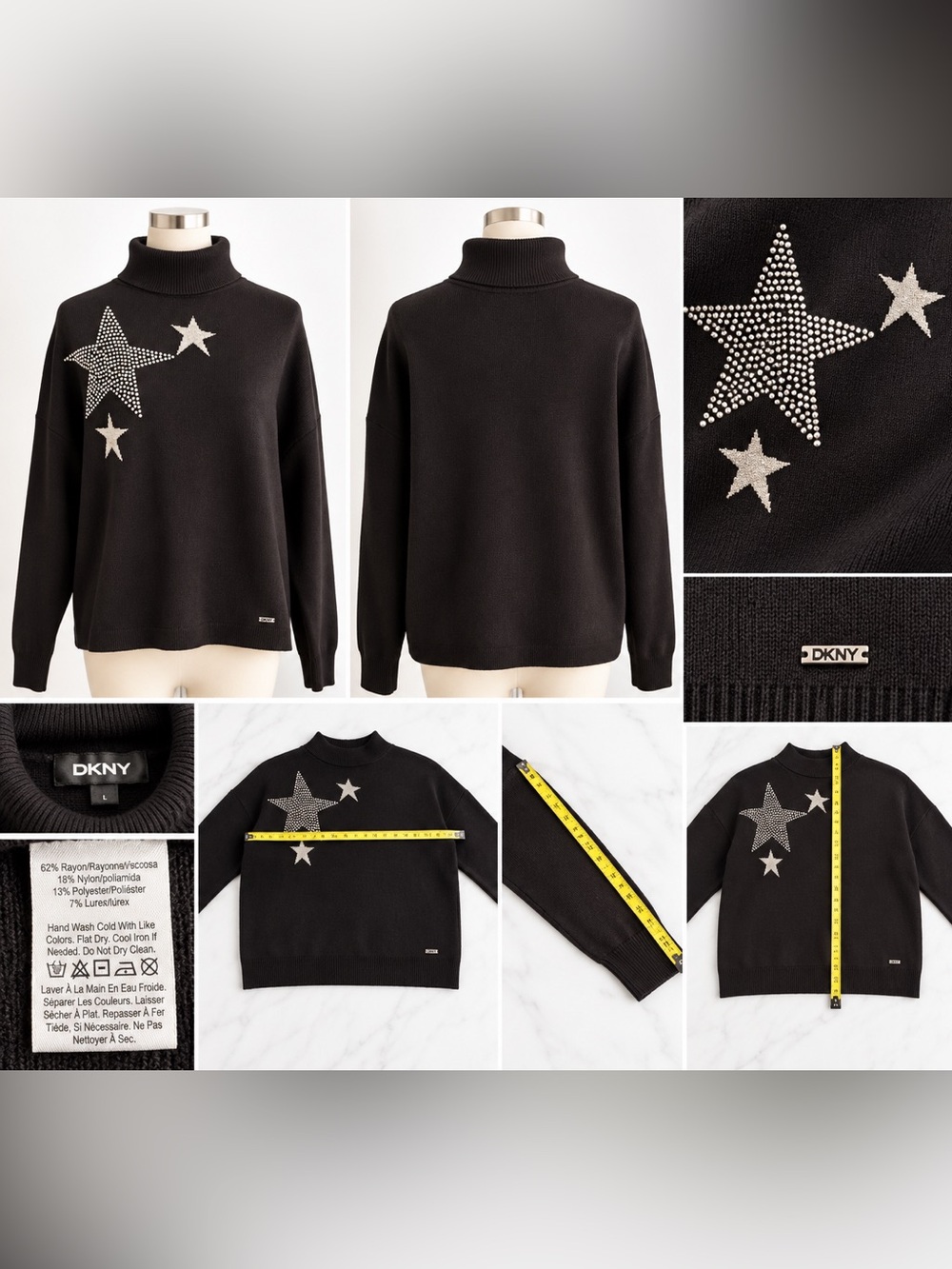 DKNY Black Turtleneck Sweater with Silver Star Embellishments